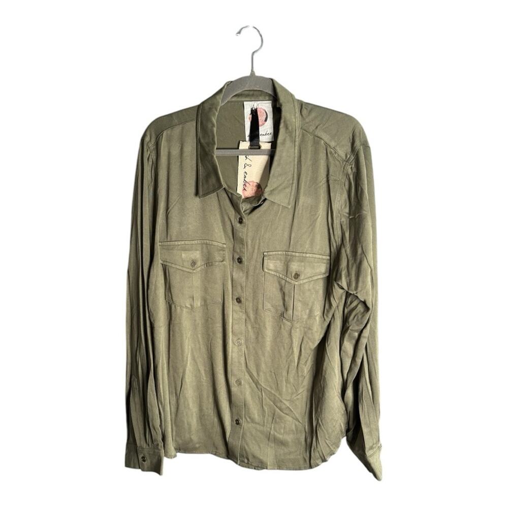 Ash & Ember Olive Green Long Sleeve Button Front Top With Pockets Size XL